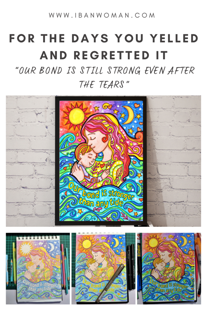 Hand-drawn printable affirmation art of mother and child with sun, moon, and waves — emotional support for overwhelmed moms.